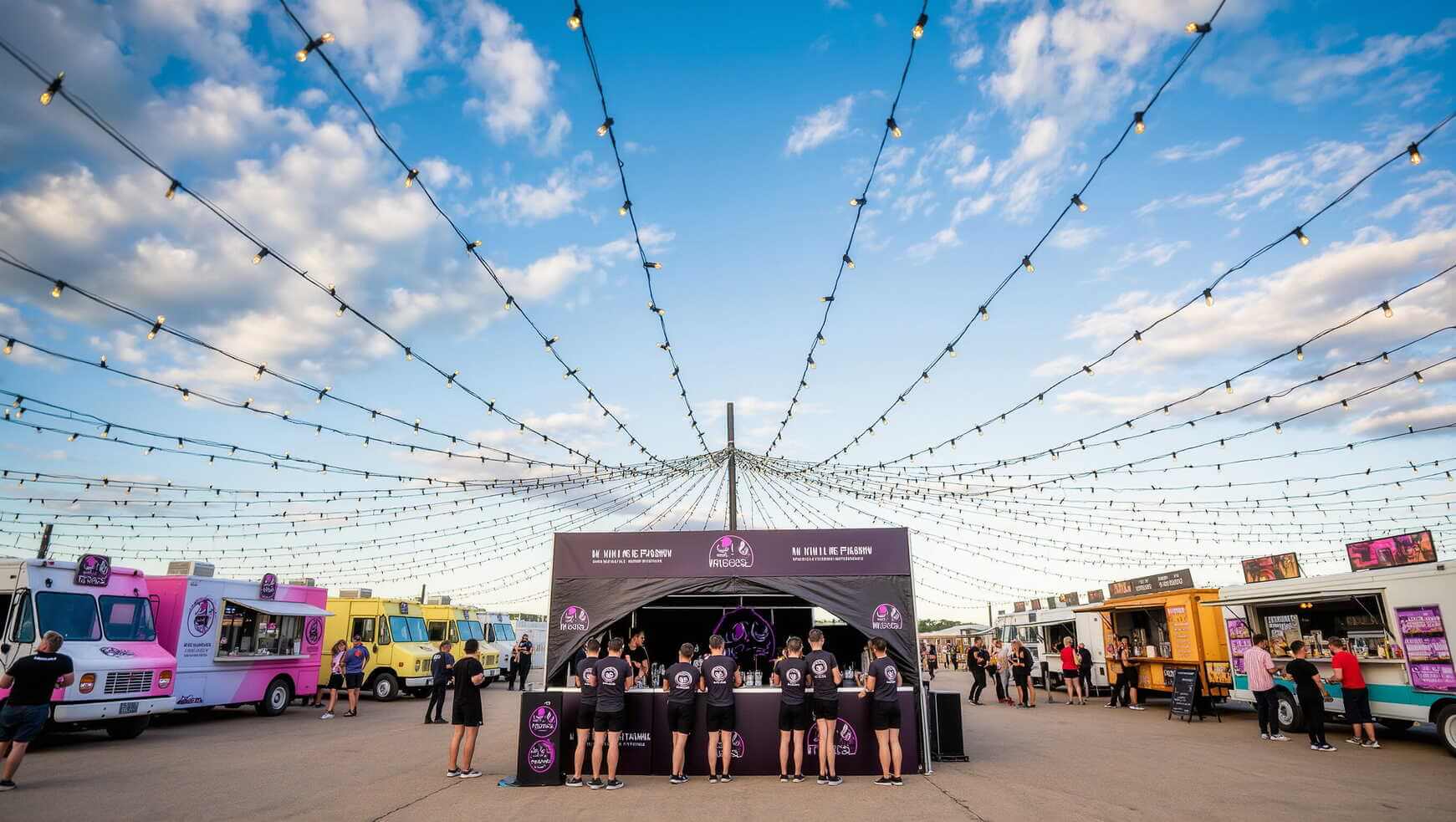Weitwinkelaufnahme eines Festival-Geländes mit Promotionpersonal im Einsatz
